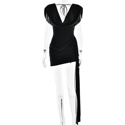 Women Clothing Summer Sexy Swing Collar Backless Sleeveless Ribbon Hip Bag Dress