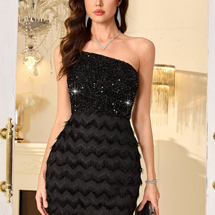Sexy One Shoulder Tassel Sequ Dress