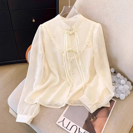 Women Spring Summer Chinese Wild Stitching Lace Long Sleeve Shirt