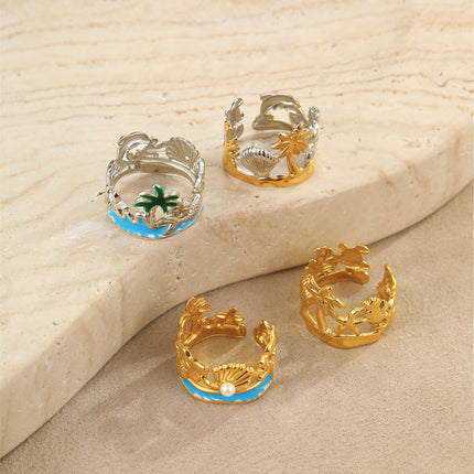 Arrival Ocean Mermaid Pearl Ring Stainless Steel Gold Plated Open Ring Niche Design Bracelet