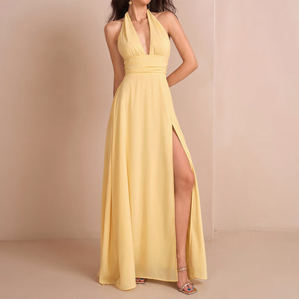Elegant Halter Lace up Chiffon Dress Sexy Sexy Deep V Plunge neck Backless Slit Formal Dress Maxi Dress