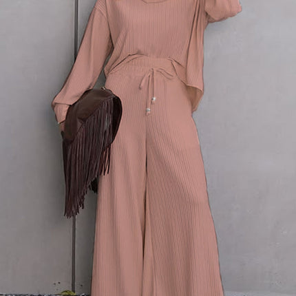 Women Clothing Casual Turtleneck Long Sleeve Loose Fitting Wide Leg Trousers Casual Two Piece Sets Autumn Winter