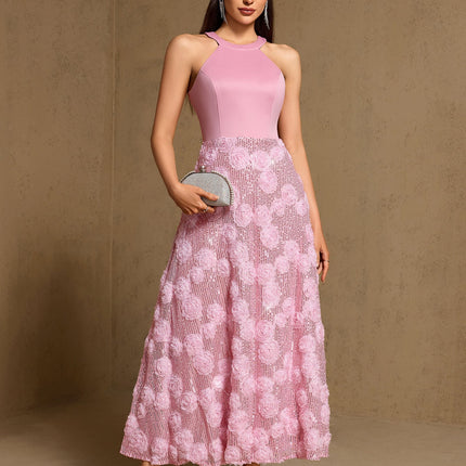 Spring Summer Print Heavy Industry Stitching Large Hem Fully Lined Evening Dress