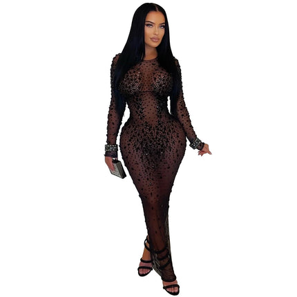 Women Wear Sexy Sheer Mesh Rhinestone Sheath Dress