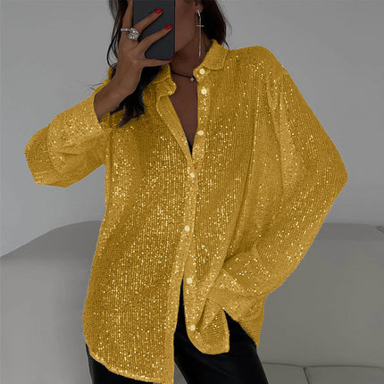 Spring Summer Sequin Top Collared Long Sleeve Cardigan Basic Women Clothing