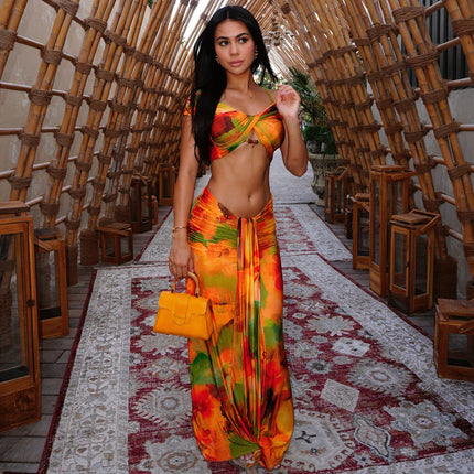 Women Spring Clothing Pattern Print Sexy Drop Shoulder Hollow Out Cutout Low Waist Cropped Skirt Set