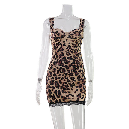 Women Clothing in Leopard Print Printed Sexy Sleeveless Vest Hip Skirt Pure Sexy Two Piece Sets