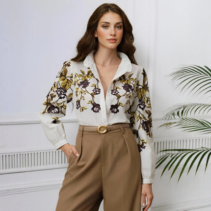Women Clothing Office Printed Long Sleeved Shirt