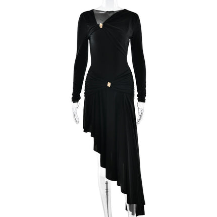 Autumn Winter Graceful Fashionable Women Slim Dress Sexy Pleated Irregular Asymmetric Maxi Dress