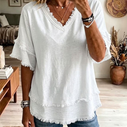 V neck Pullover Short Sleeve Loose Women Shirt Casual Women Tops