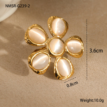 Vintage 18K Gold Stainless Steel High Grade Cat Eye Hammer Pattern Floral Earrings Eardrops