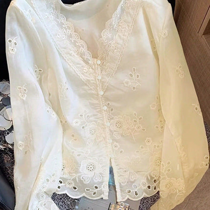 Elegant V neck Hollow Out Cutout Lace Long Sleeved Shirt