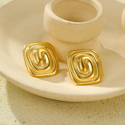 Gold Stainless Steel Rectangular Spiral Texture Titanium Steel Earrings Non Fading Stainless Steel Studs Women