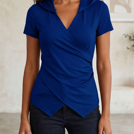 Women Clothing Summer V neck Solid Color Slim Slimming Irregular Asymmetric Short Sleeve T shirt Top