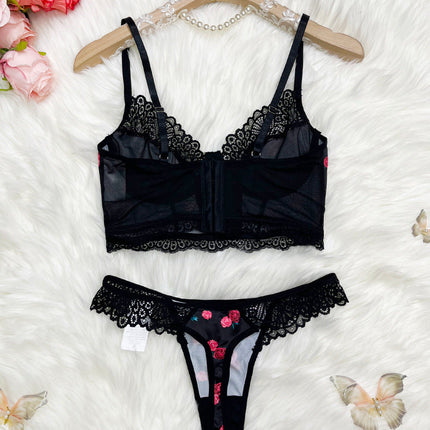 Rose Printed Lace Underwear Set Push up Lingerie