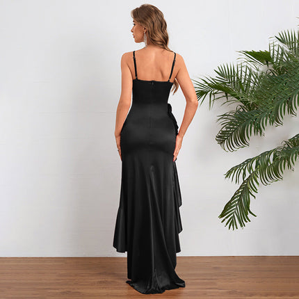 Women Autumn Slit Sexy Spaghetti Strap Ruffle Dress