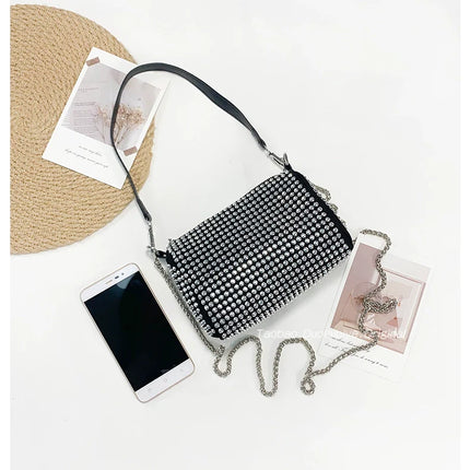New Arrival Trendy Rhinestone Small Square Bag | Full Diamond Underarm Bag & Women's Chain Shoulder Crossbody Small Handbag (Japanese & Korean Style)