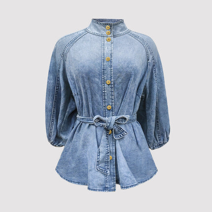 Lace up Waist Controlled Lantern Sleeve Nine Quarter Sleeve Retro Denim Shirt Women Top High Grade Stand Collar Young Show