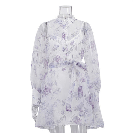 Women Elegant Stand Collar Long Sleeve Lace Printing A line Cami Dress