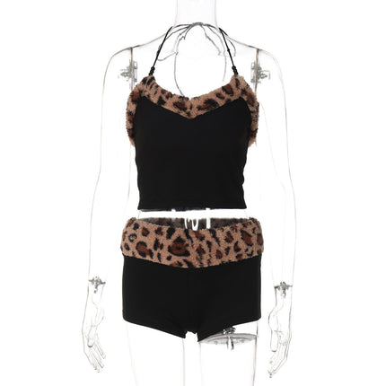 Women Clothing Summer Leopard Splicing Lace up Vest Slim Shorts Casual Set