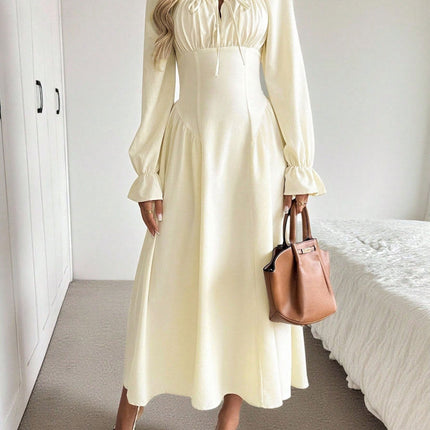 Women Clothing Gentle Square Collar Lace up Long Sleeve Dress Pleated Waist Tight Slimming A line Big Hem Dress