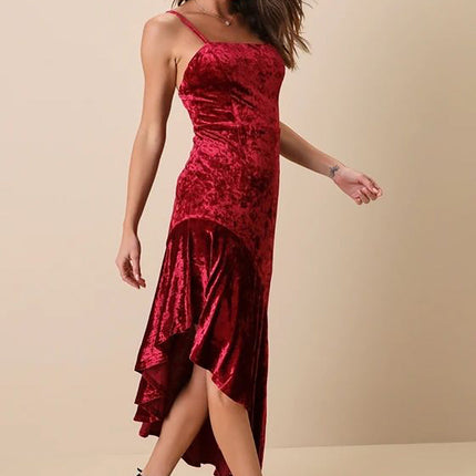 Pleuche Spaghetti Strap Dress Sexy Patchwork Ruffled Sheath Fishtail Dress