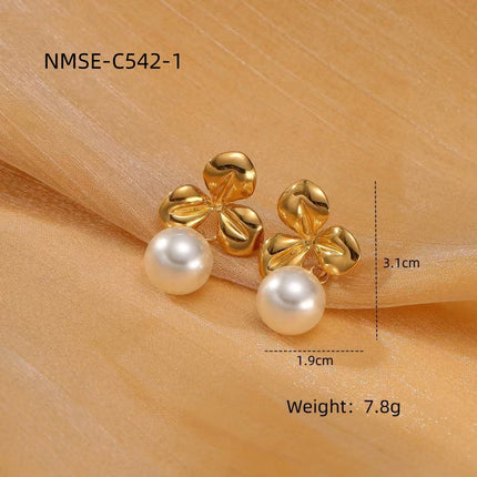 Light Luxury Titanium Steel Pearl Floral High Grade Earrings Simple Elegant Exaggerated Design Stainless Steel Studs