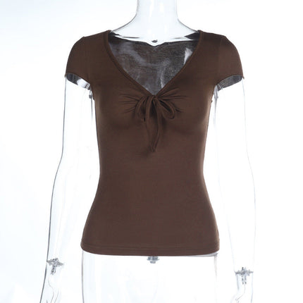 U Neck Lace up Short-Sleeved T shirt Women Xiacnee Super Nice Sweet Waist Trimming Top