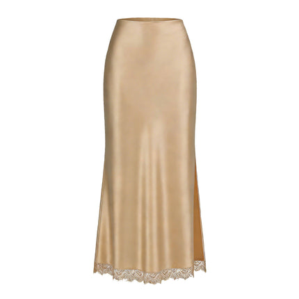 Women Clothing Satin Skirt Lace Split High Waist Elastic Sexy Sheath Skirt