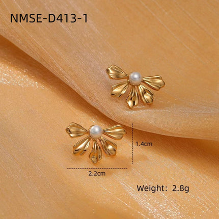 Light Luxury Titanium Steel Pearl Floral High Grade Earrings Simple Elegant Exaggerated Design Stainless Steel Studs