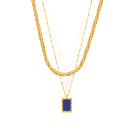 Natural Blue Lapis Lazuli Geometric Abstract Square Plate Clavicle Chain Titanium Steel Plated 18K Gold Stacked Necklace for Women