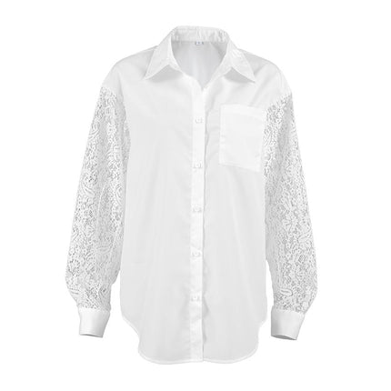 Spring Lace Stitching Hollow Out Cutout Backless Design Long Sleeve Collared Office Shirt for Women