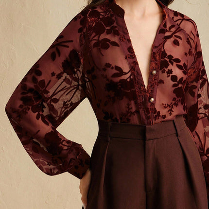 Autumn Women Clothing Elegant Tencel Flocking Shirt Long Sleeve
