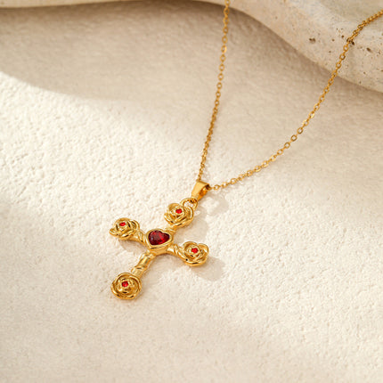 Elegance Retro Advanced Necklace Stainless Steel 18K Gold Color Diamond Rose Cross Embellished