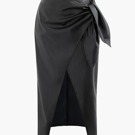 Lady Elegant Bow Waist Faux Leather Glossy Split Skirt