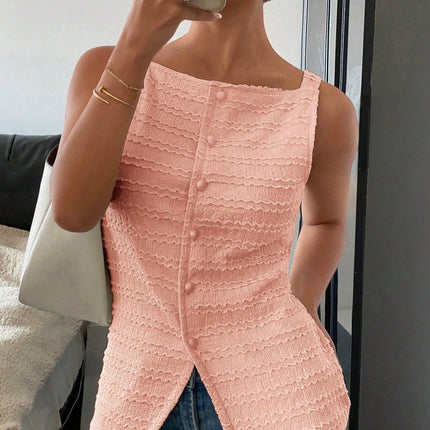 Elegant Single Breasted round Neck Sleeveless Slim Vest Solid Color Women Top