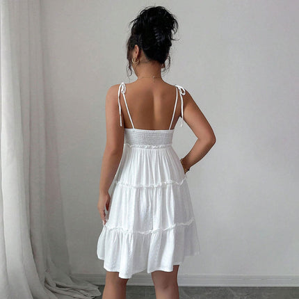 French Women Summer Short Tiered Dress Elegant Tied Suspender Dress