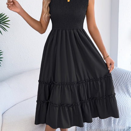 Spring Summer Casual Sleeveless Smocking Waist Tight Wooden Ear Large Swing Dress Independent Stand Women Clothing
