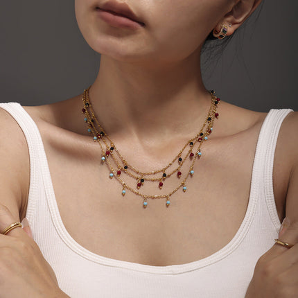 Mioli Natural Stone Handmade Small Bead Clavicle Ultra Fine Necklace Double Layer Twin Plated 18K Real Gold Color Retaining Necklace Women