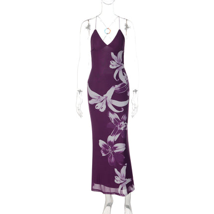 Women Summer Vacation Sexy Deep V Plunge neck Mesh Floral Print Backless Strap Dress