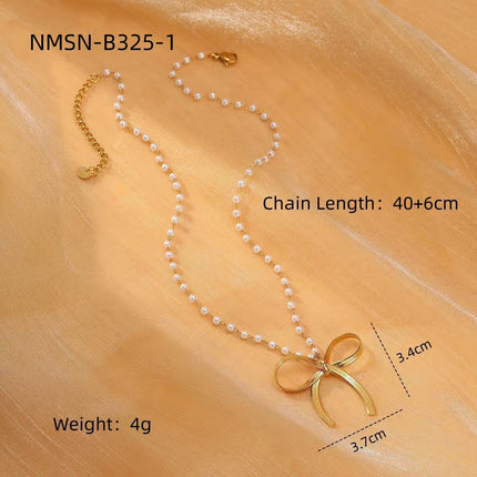 Pearl Bow Titanium Steel Necklace Women Light Luxury High Sense Stainless Steel Embellished