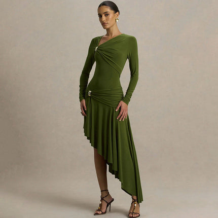 Autumn Winter Graceful Fashionable Women Slim Dress Sexy Pleated Irregular Asymmetric Maxi Dress