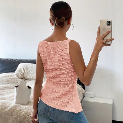 Elegant Single Breasted round Neck Sleeveless Slim Vest Solid Color Women Top