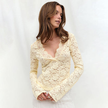 Lace V neck Long Sleeve Shirt Autumn Sexy Hollow Out Cutout Bottoming Shirt Lace Shirt Women Shirt