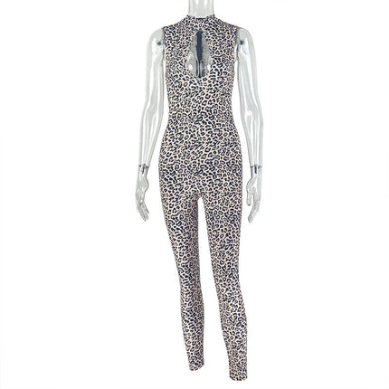 Niche Personality Women Printed Leopard Print Jumpsuit Hollow Out Cutout Slim Sheath Long Jumpsuit