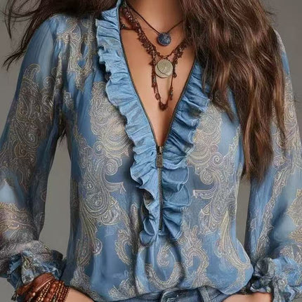 Romantic Boh Deep V Plunge neck Paisley Ruffled Chiffon Shirt