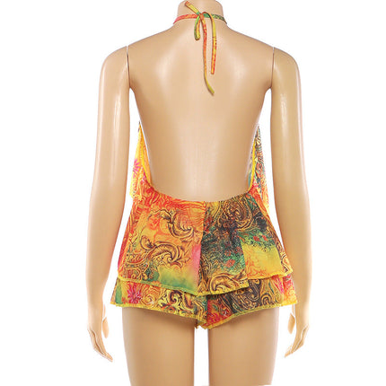 Spring Women Clothing Sexy Halter Backless Top Loose Super Short Shorts Two Piece Sets