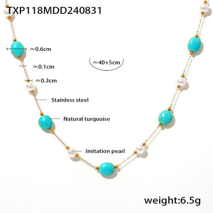 Niche Natural Turquoise Imitation Pearl Necklace Bracelet Stainless Steel Light Luxury Elegant Outfit
