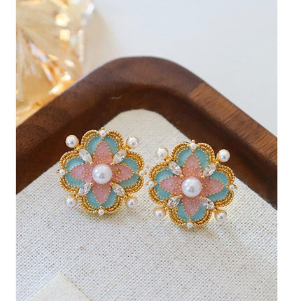 French Blue Color Oil Glaze Floral Stud Earrings Light Luxury High Grade Retro Minority Mid Ancient Pearl Earrings for Women