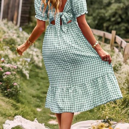 Miss Sparkling Gingham puff sleeve midi dress